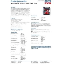 Liqui Moly 4 Stroke Street 10W-40 Fully Synthetic Race Oil -Motorcycle Riding Equipment Liqui Moly 4 Stroke 10W 40 Fully Synthetic Street Race Oil Specifications