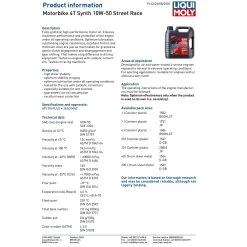 Liqui Moly 4 Stroke Street 10W-50 Fully Synthetic Race Oil -Motorcycle Riding Equipment Liqui Moly 4 Stroke 10W 50 Fully Synthetic Street Race Oil Specifications