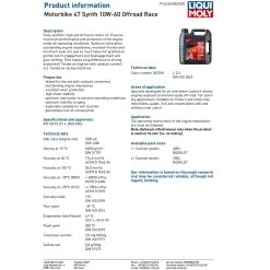 Liqui Moly 4 Stroke Off-Road 10W-60 Fully Synthetic Race Oil -Motorcycle Riding Equipment Liqui Moly 4 Stroke 10W 60 Fully Synthetic Off Road Race Oil Specifications