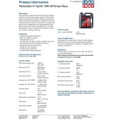 Liqui Moly 4 Stroke Street 10W-60 Fully Synthetic Race Oil -Motorcycle Riding Equipment Liqui Moly 4 Stroke 10W 60 Fully Synthetic Street Race Oil Specifications