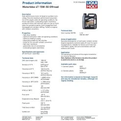 Liqui Moly 4 Stroke Off-Road 15W-50 Fully Synthetic Race Oil -Motorcycle Riding Equipment Liqui Moly 4 Stroke 15W 50 Fully Synthetic Off Road Race Oil Specifications